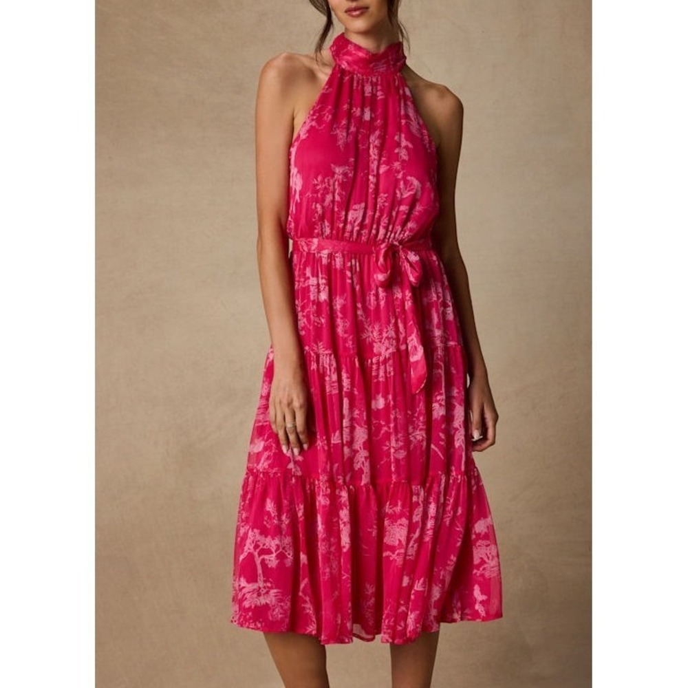 NWT Lulus Float to You Hot Pink Floral Print Halter-Neck Tiered Midi Dress Small - Picture 4 of 12